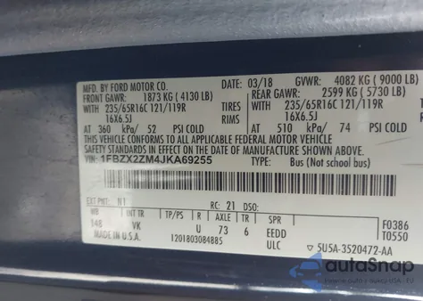 2018 Ford Transit-350 Xl из США, поврежденный, VIN 1FBZX2ZM4JKA69255